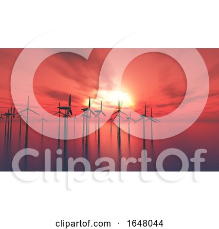 3D Wind Turbines in the Sea Against a Sunset Sky by KJ Pargeter