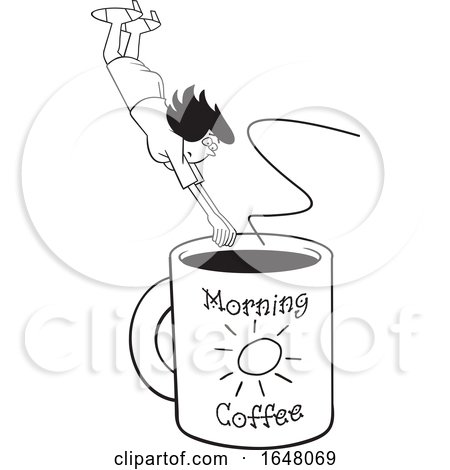 Cartoon Black and White Woman Diving into a Giant Coffee Mug by Johnny Sajem