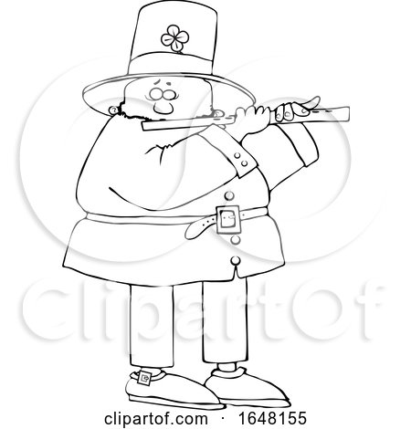 Cartoon Black and White St Patricks Day Leprechaun Playing a Flute by djart