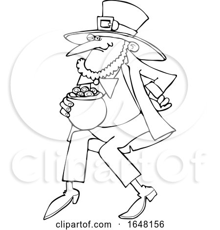 Cartoon Black and White St Patricks Day Leprechaun with a Pot of Gold by djart