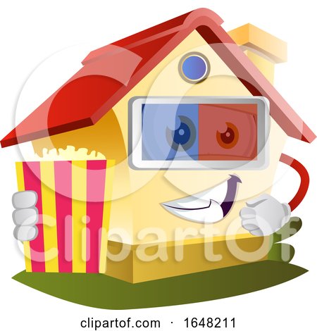 Home Mascot Character Holding a Popcorn Bucket and Wearing 3d Movie Glasses by Morphart Creations