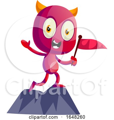 Devil Mascot Character Holding a Flag on a Mountain Top by Morphart Creations