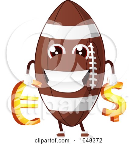 Cartoon American Football Mascot Character Holding Euro and Dollar Symbols by Morphart Creations