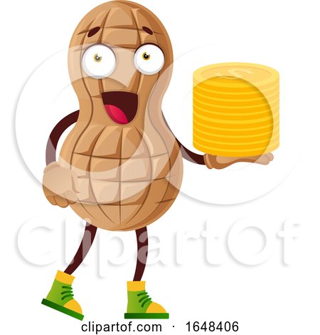 Cartoon Peanut Mascot Character Holding a Stack of Coins by Morphart Creations