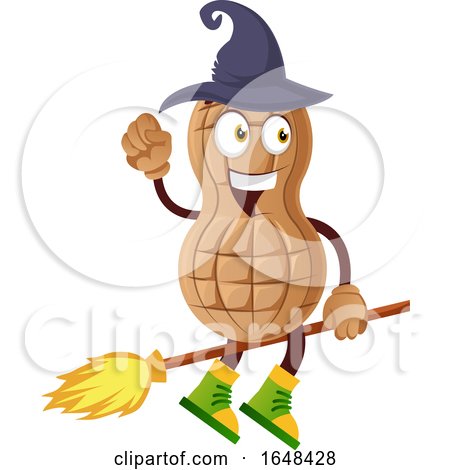 Cartoon Witch Peanut Mascot Character Riding a Broomstick by Morphart Creations