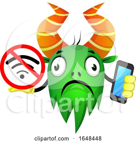 Cartoon Green Monster Mascot Character Holding a Cell Phone and No Signal Sign by Morphart Creations