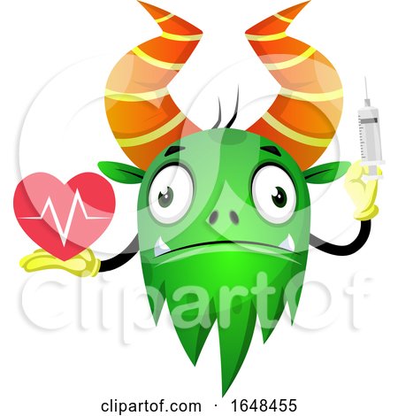 Cartoon Green Monster Mascot Character Holding a Syringe and Heart by Morphart Creations