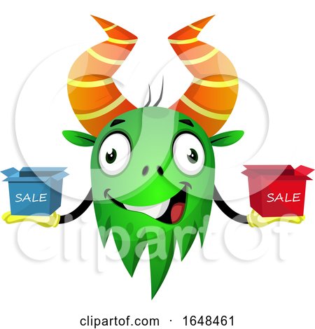 Cartoon Green Monster Mascot Character Holding Sale Boxes by Morphart Creations