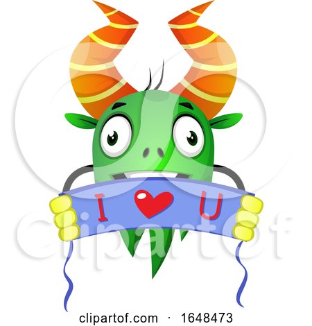 Cartoon Green Monster Mascot Character Holding an I Love You Banner by Morphart Creations