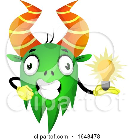 Cartoon Green Monster Mascot Character Holding an Idea Light Bulb by Morphart Creations