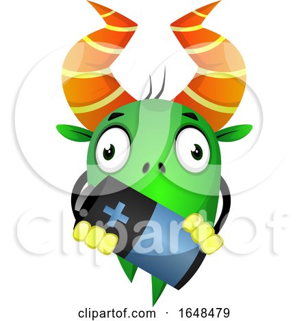 Cartoon Green Monster Mascot Character Holding a Battery by Morphart Creations