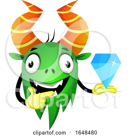 Cartoon Green Monster Mascot Character Holding a Diamond by Morphart Creations