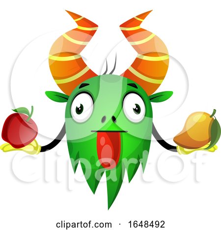 Cartoon Green Monster Mascot Character Holding Fruit by Morphart Creations