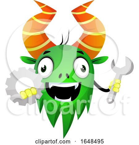 Cartoon Green Monster Mascot Character Holding a Gear and Wrench by Morphart Creations