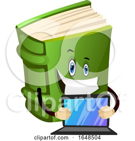 Green Book Mascot Character Holding a Laptop by Morphart Creations