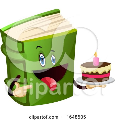 Green Book Mascot Character Holding a Birthday Cake by Morphart Creations