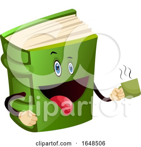 Green Book Mascot Character Holding a Coffee Cup by Morphart Creations