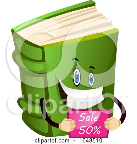 Green Book Mascot Character Holding a Sale Sign by Morphart Creations