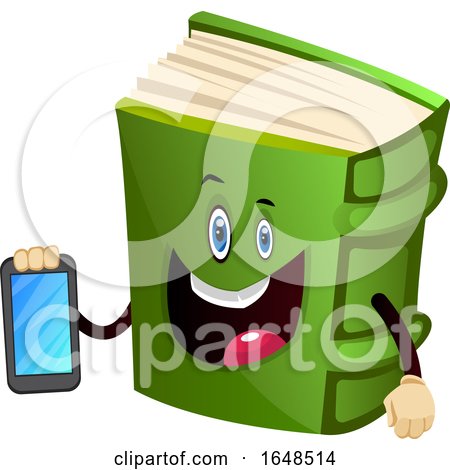 Green Book Mascot Character Holding a Cell Phone by Morphart Creations