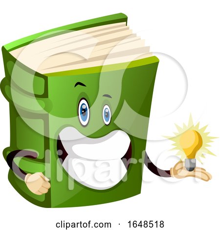 Green Book Mascot Character Holding a Bright Idea Light Bulb by Morphart Creations