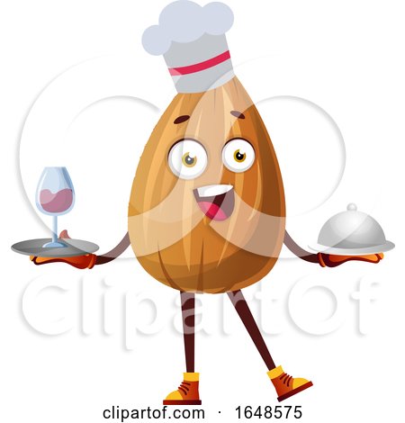Chef Almond Mascot Character Holding a Cloche and Wine Tray by Morphart Creations