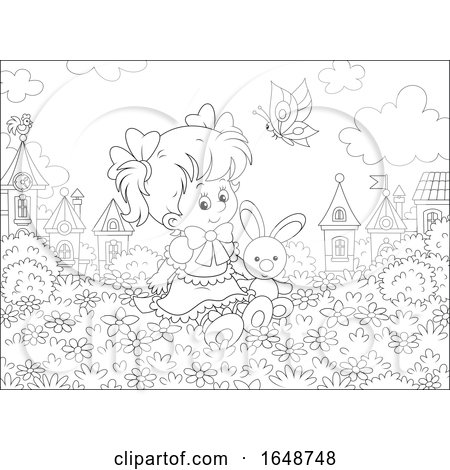 Black and White Girl Sitting in a Garden with a Stuffed Bunny by Alex Bannykh