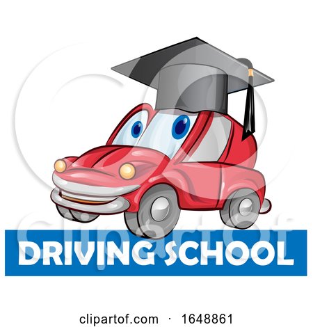Car Mascot Wearing a Graduation Cap over a Driving School Banner by Domenico Condello