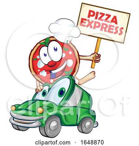 Cartoon Pizza Mascot Holding an Express Sign over a Car by Domenico Condello