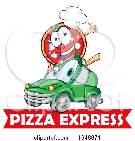 Cartoon Pizza Mascot and Car over an Express Banner by Domenico Condello