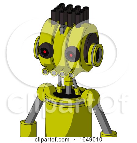 Yellow Robot with Multi-Toroid Head and Pipes Mouth and Black Glowing Red Eyes and Pipe Hair by Leo Blanchette