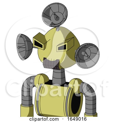 Yellow Robot with Rounded Head and Dark Tooth Mouth and Angry Eyes and Radar Dish Hat by Leo Blanchette