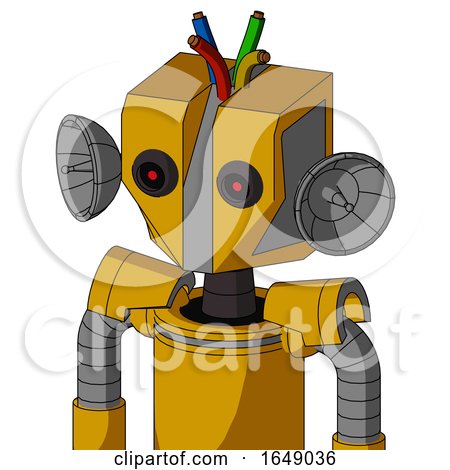 Yellow Robot with Mechanical Head and Black Glowing Red Eyes and Wire Hair by Leo Blanchette