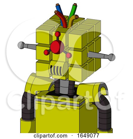 Yellow Robot with Cube Head and Speakers Mouth and Cyclops Compound Eyes and Wire Hair by Leo Blanchette