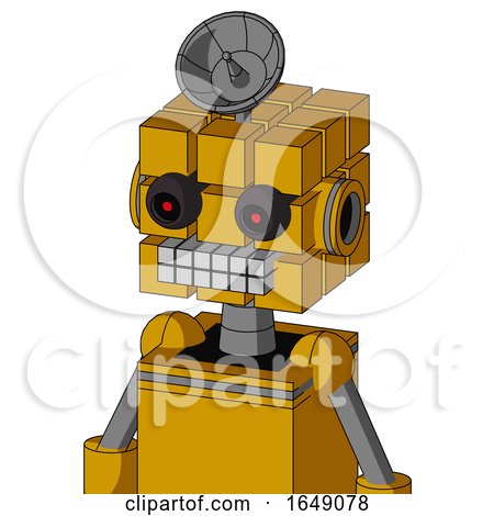 Yellow Robot with Cube Head and Keyboard Mouth and Black Glowing Red Eyes and Radar Dish Hat by Leo Blanchette