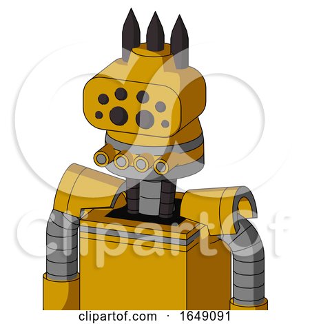 Yellow Robot with Cone Head and Pipes Mouth and Bug Eyes and Three Dark Spikes by Leo Blanchette