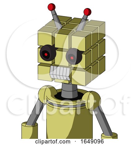 Yellow Robot with Cube Head and Teeth Mouth and Black Glowing Red Eyes and Double Led Antenna by Leo Blanchette