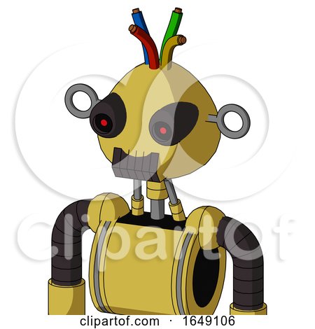 Yellow Droid with Rounded Head and Dark Tooth Mouth and Black Glowing Red Eyes and Wire Hair by Leo Blanchette