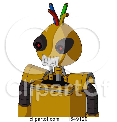 Yellow Droid with Rounded Head and Teeth Mouth and Black Glowing Red Eyes and Wire Hair by Leo Blanchette