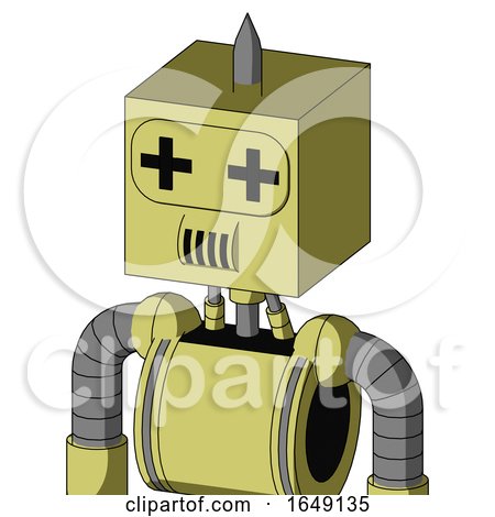 Yellow Robot with Box Head and Speakers Mouth and Plus Sign Eyes and Spike Tip by Leo Blanchette