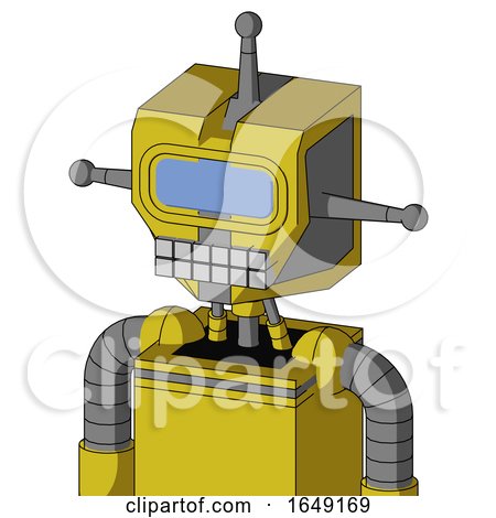 Yellow Droid with Mechanical Head and Keyboard Mouth and Large Blue Visor Eye and Single Antenna by Leo Blanchette