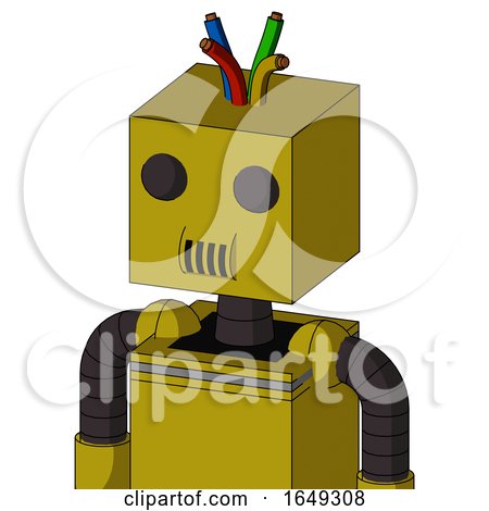 Yellow Automaton with Box Head and Speakers Mouth and Two Eyes and Wire Hair by Leo Blanchette
