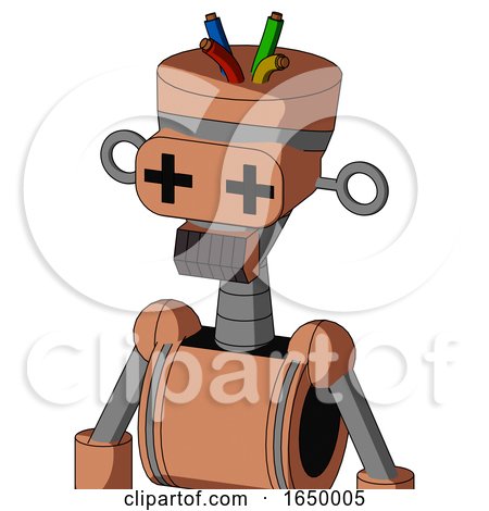 Peach Robot with Vase Head and Dark Tooth Mouth and Plus Sign Eyes and Wire Hair by Leo Blanchette