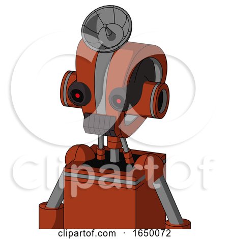 Orange Robot with Droid Head and Dark Tooth Mouth and Black Glowing Red Eyes and Radar Dish Hat by Leo Blanchette