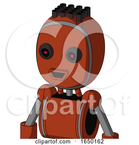 Orange Robot with Bubble Head and Happy Mouth and Black Glowing Red Eyes and Pipe Hair by Leo Blanchette
