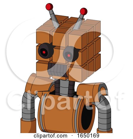 Orange Robot with Cube Head and Dark Tooth Mouth and Black Glowing Red Eyes and Double Led Antenna by Leo Blanchette