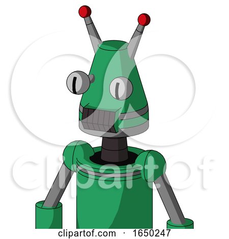 Green Automaton with Cone Head and Dark Tooth Mouth and Two Eyes and Double Led Antenna by Leo Blanchette