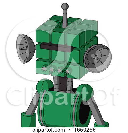 Green Automaton with Cube Head and Pipes Mouth and Black Visor Cyclops and Single Antenna by Leo Blanchette