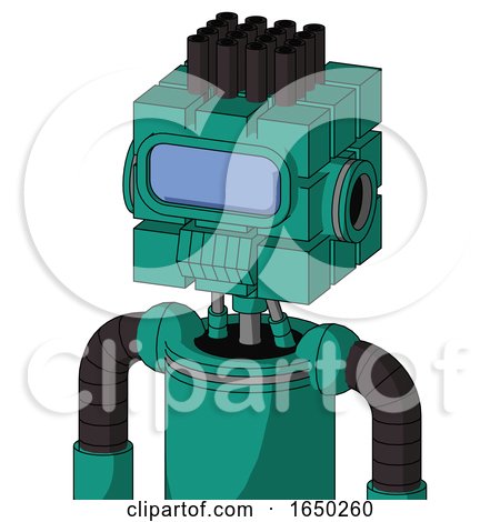 Green Automaton with Cube Head and Toothy Mouth and Large Blue Visor Eye and Pipe Hair by Leo Blanchette