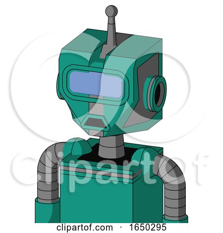 Green Automaton with Mechanical Head and Sad Mouth and Large Blue Visor Eye and Single Antenna by Leo Blanchette