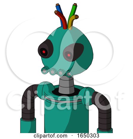 Green Automaton with Rounded Head and Pipes Mouth and Black Glowing Red Eyes and Wire Hair by Leo Blanchette